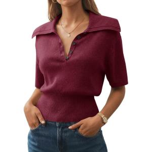 Saodimallsu Womens Polo Sweater Top Summer Short Sleeve Button V Neck Collared Trendy Loose Knit Ribbed Hem Tops(Burgundy)