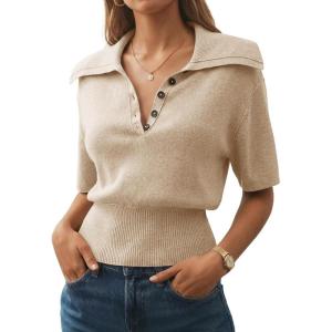 Saodimallsu Womens Polo Sweater Top Summer Short Sleeve Button V Neck Collared Trendy Loose Knit Ribbed Hem Tops(Khaki)