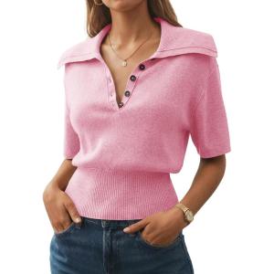 Saodimallsu Womens Polo Sweater Top Summer Short Sleeve Button V Neck Collared Trendy Loose Knit Ribbed Hem Tops(Pink)