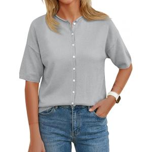 Saodimallsu Womens Short Sleeve Button Down Cardigans Lightweight Spring Summer Casual Knit Crew Neck Sweater Tops(Grey)