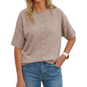 Saodimallsu Womens Short Sleeve Button Down Cardigans Lightweight Spring Summer Casual Knit Crew Neck Sweater Tops(Khaki)