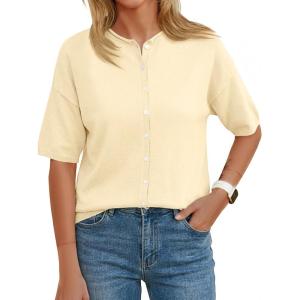 Saodimallsu Womens Short Sleeve Button Down Cardigans Lightweight Spring Summer Casual Knit Crew Neck Sweater Tops(Light Yellow)