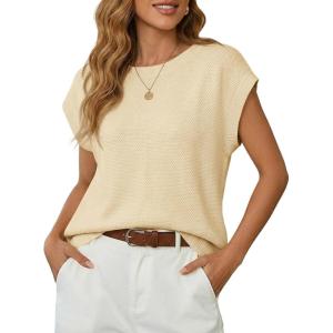 Saodimallsu Womens Short Sleeve Sweater Tops Summer Crewneck Lightweight Knit Casual Loose Sleeveless Sweater Vest(Apricot)