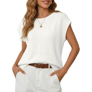 Saodimallsu Womens Short Sleeve Sweater Tops Summer Crewneck Lightweight Knit Casual Loose Sleeveless Sweater Vest(White)