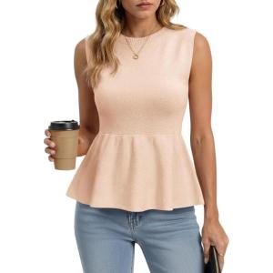 Saodimallsu Womens Sleeveless Babydoll Tank Tops Peplum Ruffle Crew Neck Ribbed Knit Summer Trendy Sweater Vest(Apricot)