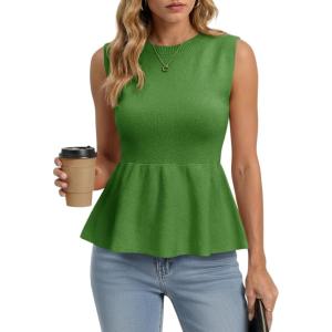 Saodimallsu Womens Sleeveless Babydoll Tank Tops Peplum Ruffle Crew Neck Ribbed Knit Summer Trendy Sweater Vest(Green)