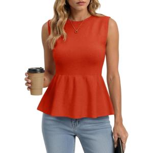 Saodimallsu Womens Sleeveless Babydoll Tank Tops Peplum Ruffle Crew Neck Ribbed Knit Summer Trendy Sweater Vest(Orange)