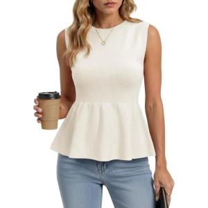 Saodimallsu Womens Sleeveless Babydoll Tank Tops Peplum Ruffle Crew Neck Ribbed Knit Summer Trendy Sweater Vest(White)