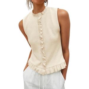 Saodimallsu Womens Sleeveless Sweater Vest Ruffle Button Down Knit Tank Top Summer Trendy Going Out Vest Tops(Beige)
