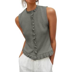 Saodimallsu Womens Sleeveless Sweater Vest Ruffle Button Down Knit Tank Top Summer Trendy Going Out Vest Tops(Gray)