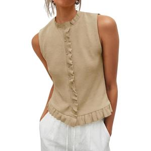 Saodimallsu Womens Sleeveless Sweater Vest Ruffle Button Down Knit Tank Top Summer Trendy Going Out Vest Tops(Khaki)