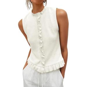 Saodimallsu Womens Sleeveless Sweater Vest Ruffle Button Down Knit Tank Top Summer Trendy Going Out Vest Tops(White)