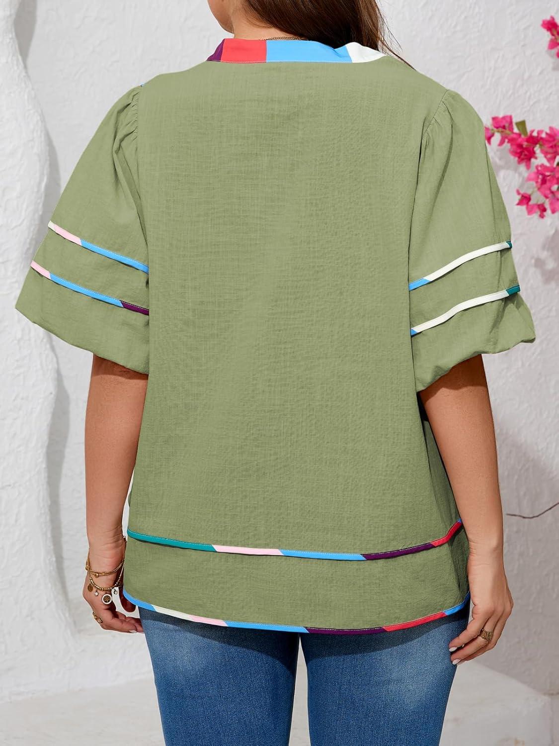 image:imageBeautife Womens Plus Size Summer Babydoll Tops Peplum V Neck Lantern Short Sleeve Shirts Cute Flowy Loose Fit BlousesArmy Green