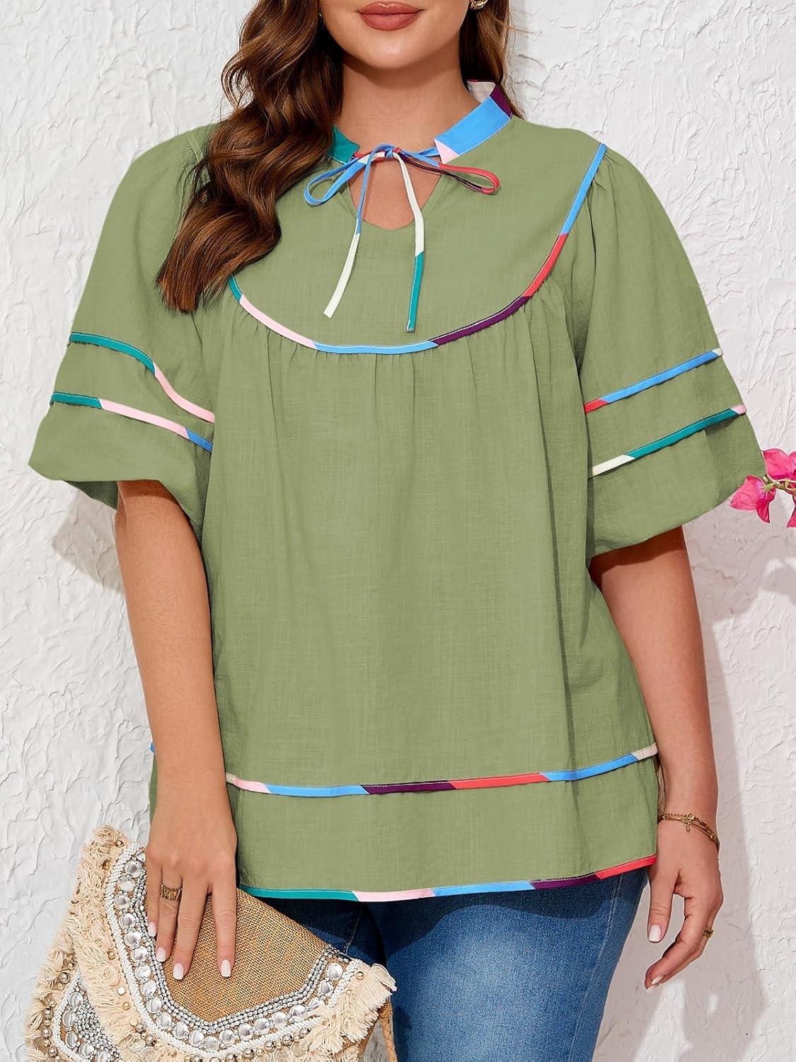 image:imageBeautife Womens Plus Size Summer Babydoll Tops Peplum V Neck Lantern Short Sleeve Shirts Cute Flowy Loose Fit BlousesArmy Green