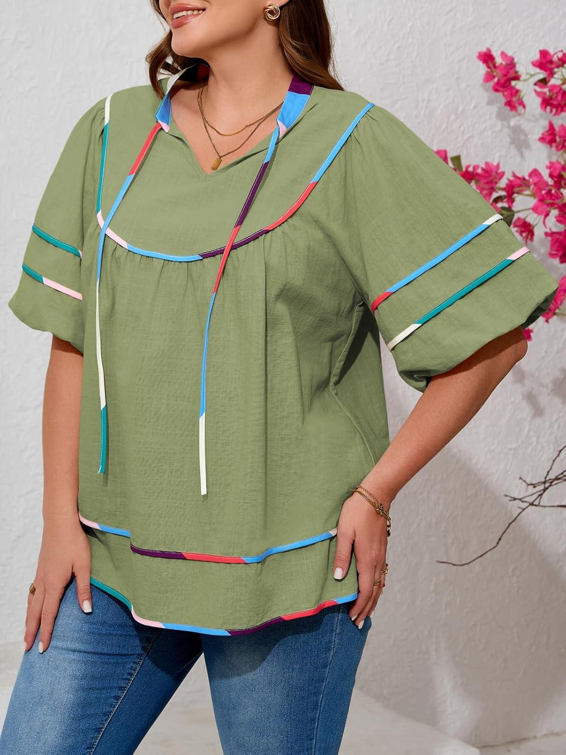 image:imageBeautife Womens Plus Size Summer Babydoll Tops Peplum V Neck Lantern Short Sleeve Shirts Cute Flowy Loose Fit BlousesArmy Green