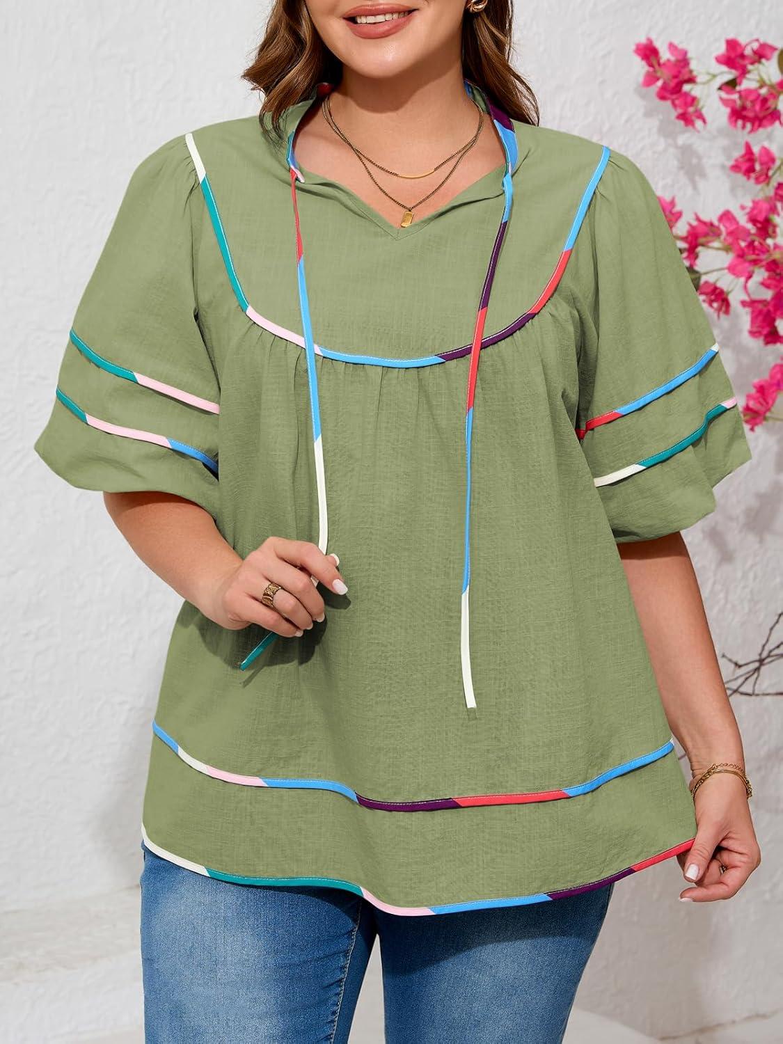image:imageBeautife Womens Plus Size Summer Babydoll Tops Peplum V Neck Lantern Short Sleeve Shirts Cute Flowy Loose Fit BlousesArmy Green