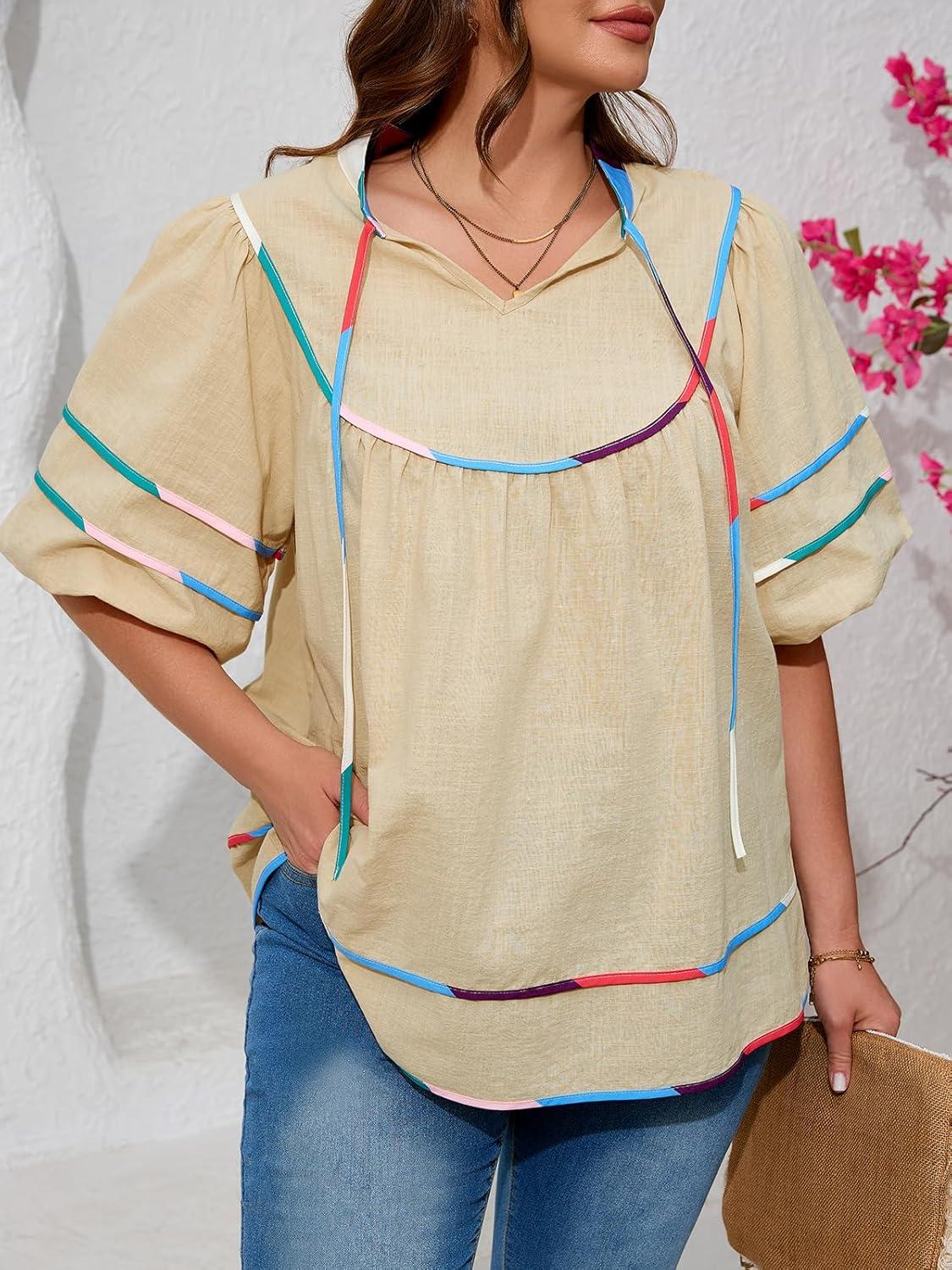 image:imageBeautife Womens Plus Size Summer Babydoll Tops Peplum V Neck Lantern Short Sleeve Shirts Cute Flowy Loose Fit BlousesBeige
