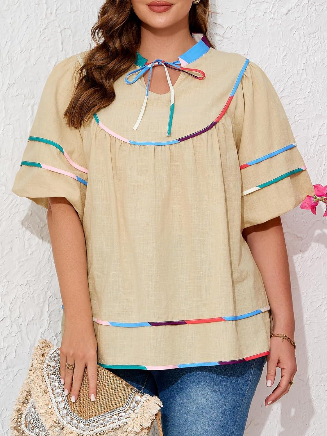 image:imageBeautife Womens Plus Size Summer Babydoll Tops Peplum V Neck Lantern Short Sleeve Shirts Cute Flowy Loose Fit BlousesBeige