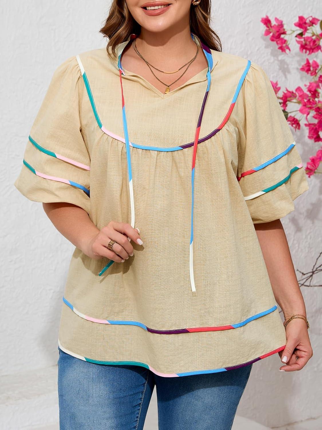 image:imageBeautife Womens Plus Size Summer Babydoll Tops Peplum V Neck Lantern Short Sleeve Shirts Cute Flowy Loose Fit BlousesBeige