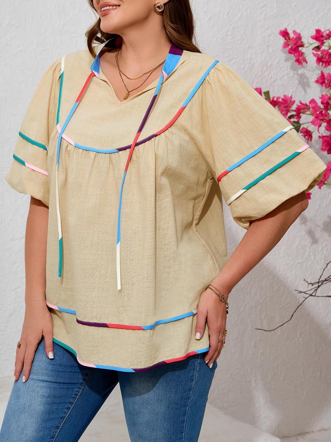image:imageBeautife Womens Plus Size Summer Babydoll Tops Peplum V Neck Lantern Short Sleeve Shirts Cute Flowy Loose Fit BlousesBeige