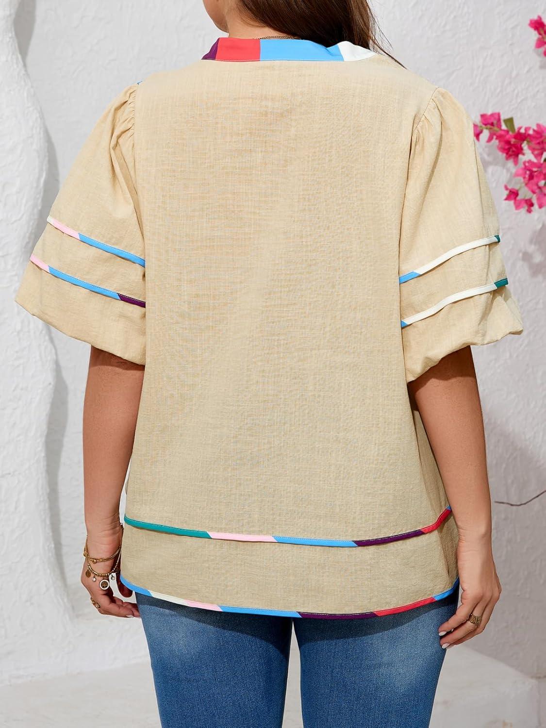 image:imageBeautife Womens Plus Size Summer Babydoll Tops Peplum V Neck Lantern Short Sleeve Shirts Cute Flowy Loose Fit BlousesBeige