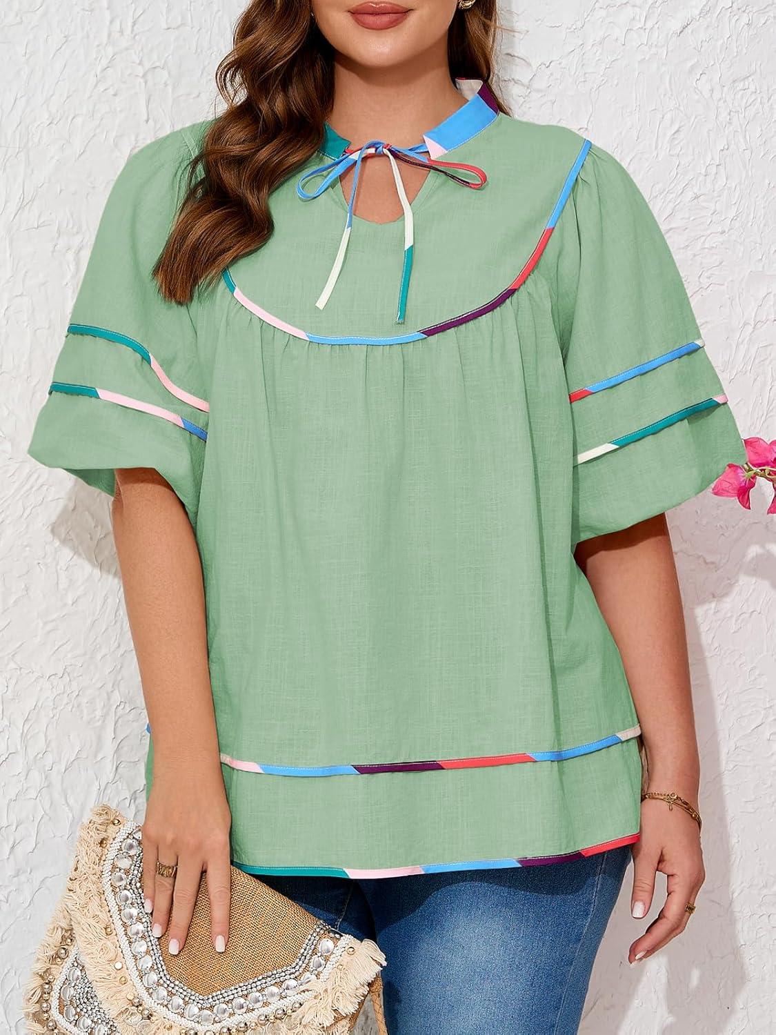 image:imageBeautife Womens Plus Size Summer Babydoll Tops Peplum V Neck Lantern Short Sleeve Shirts Cute Flowy Loose Fit BlousesPea Green