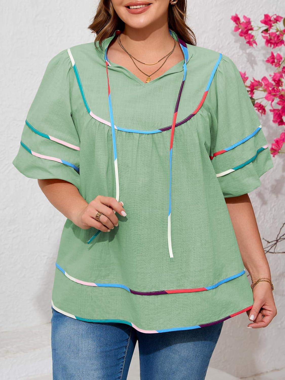 image:imageBeautife Womens Plus Size Summer Babydoll Tops Peplum V Neck Lantern Short Sleeve Shirts Cute Flowy Loose Fit BlousesPea Green