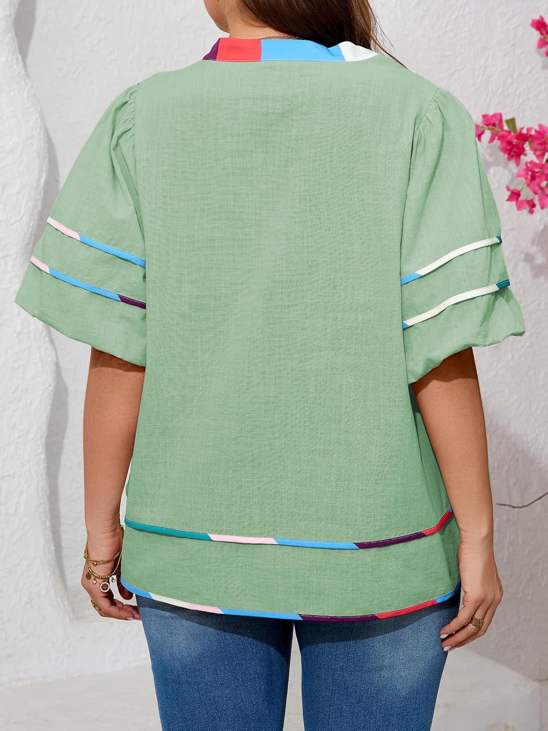 image:imageBeautife Womens Plus Size Summer Babydoll Tops Peplum V Neck Lantern Short Sleeve Shirts Cute Flowy Loose Fit BlousesPea Green
