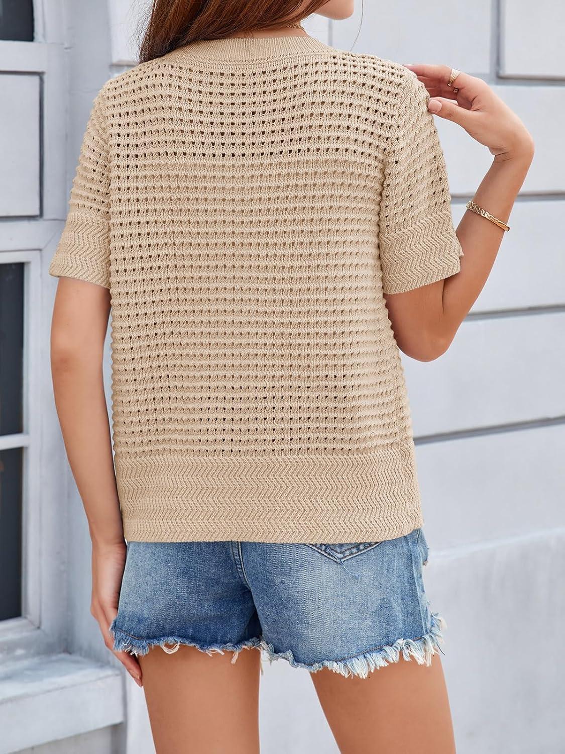 image:imageSaodimallsu Womens Crochet Short Sleeve Cardigans Button Up Crew Neck Summer Beach Knit Sweater TopsApricot