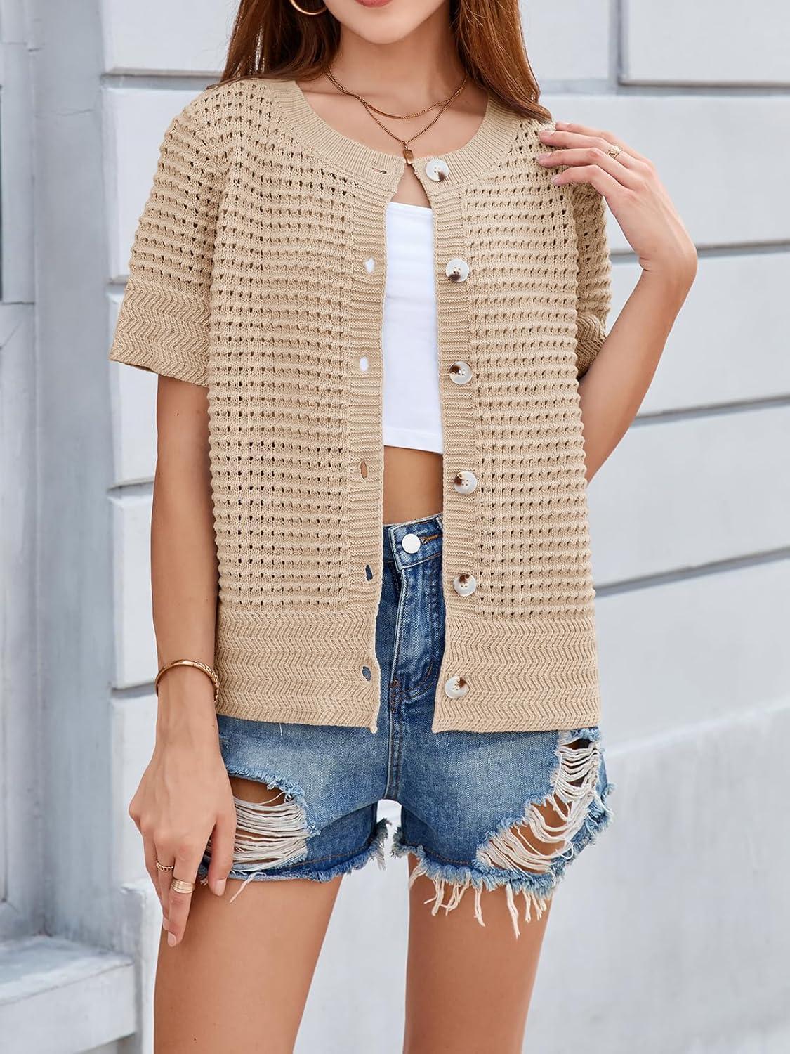 image:imageSaodimallsu Womens Crochet Short Sleeve Cardigans Button Up Crew Neck Summer Beach Knit Sweater TopsApricot