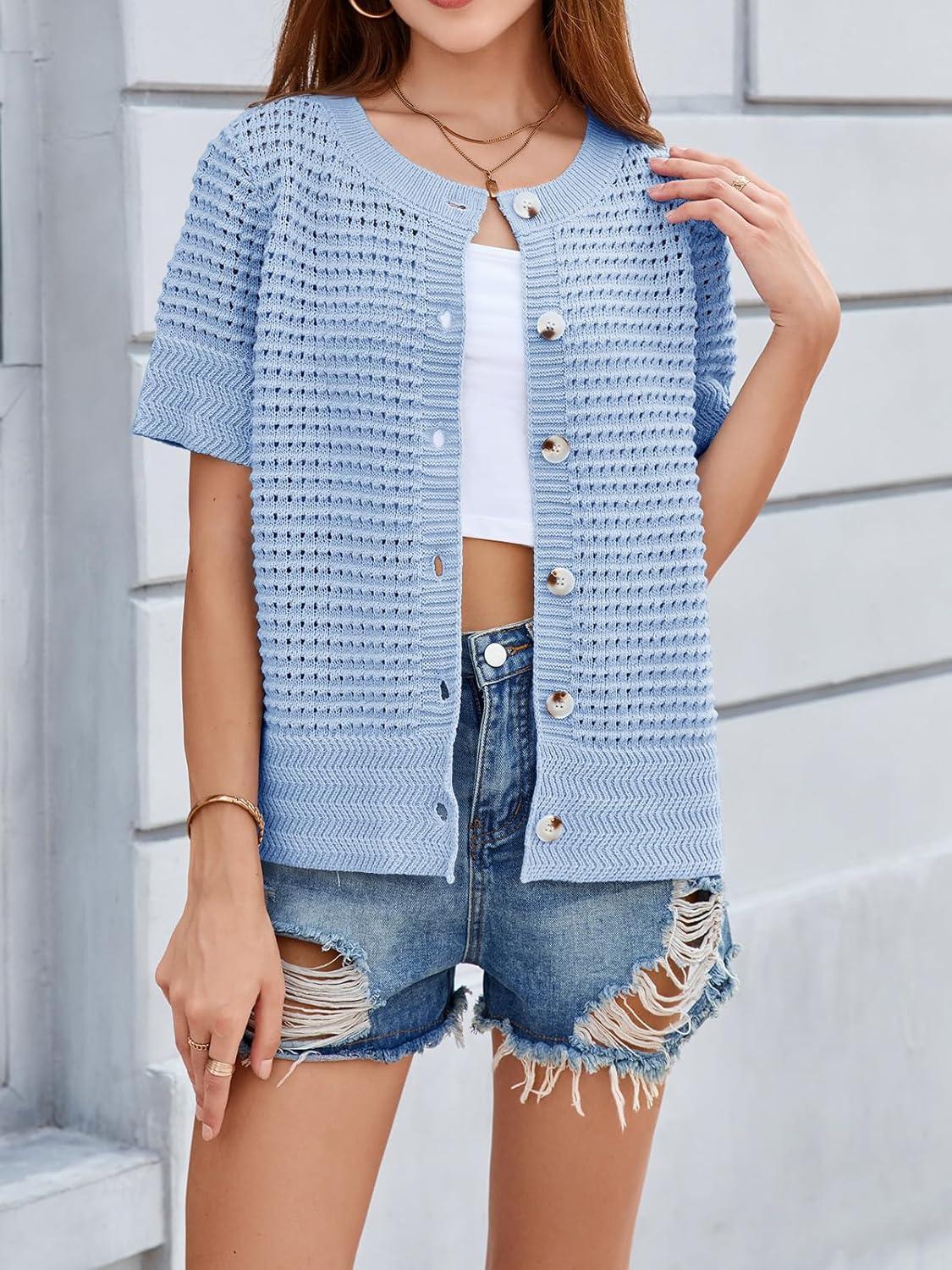 image:imageSaodimallsu Womens Crochet Short Sleeve Cardigans Button Up Crew Neck Summer Beach Knit Sweater TopsAzure