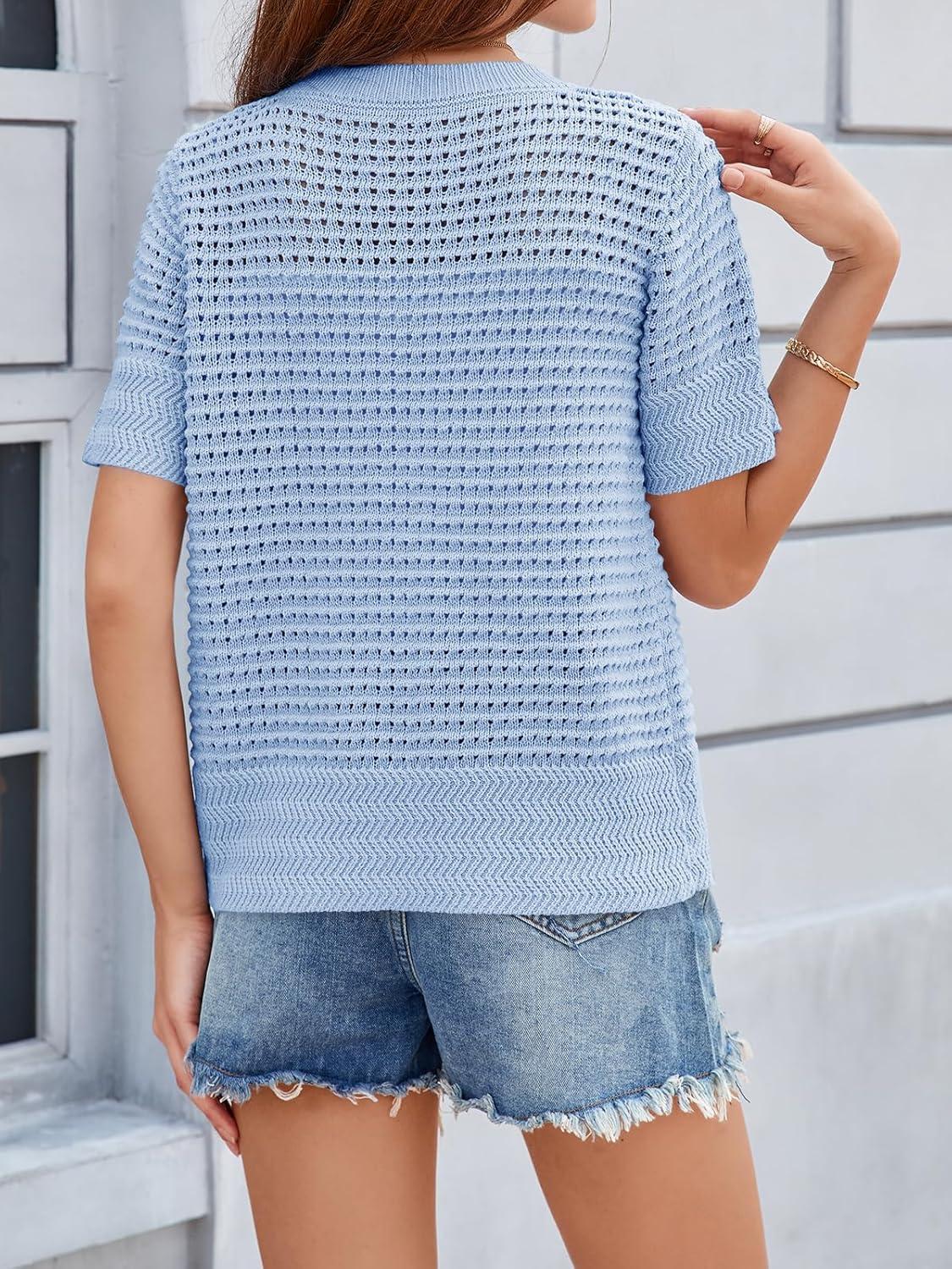 image:imageSaodimallsu Womens Crochet Short Sleeve Cardigans Button Up Crew Neck Summer Beach Knit Sweater TopsAzure