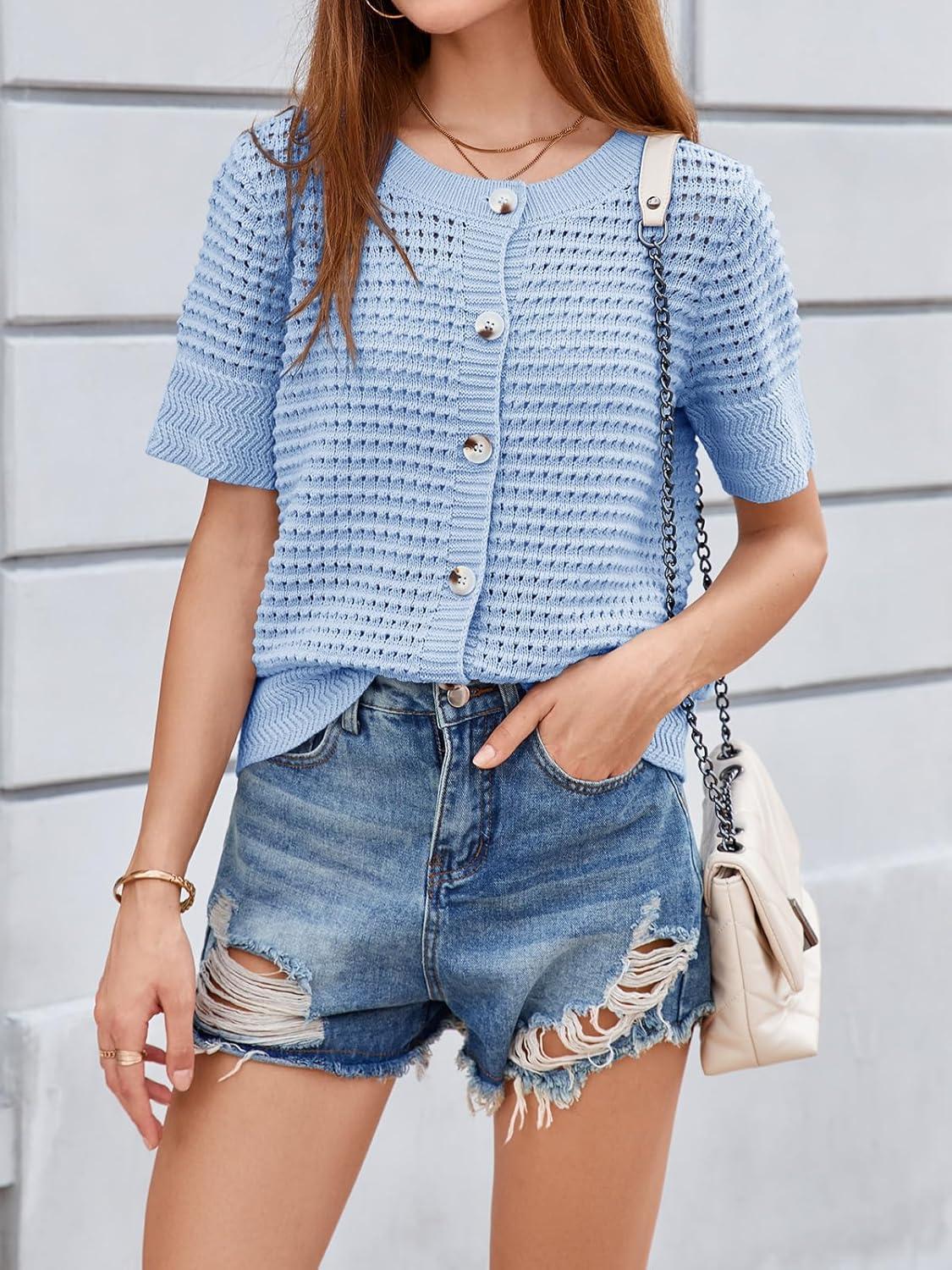 image:imageSaodimallsu Womens Crochet Short Sleeve Cardigans Button Up Crew Neck Summer Beach Knit Sweater TopsAzure
