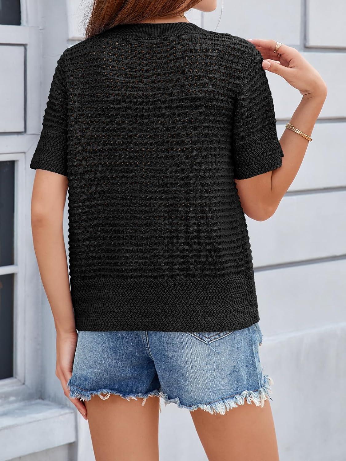 image:imageSaodimallsu Womens Crochet Short Sleeve Cardigans Button Up Crew Neck Summer Beach Knit Sweater TopsBlack