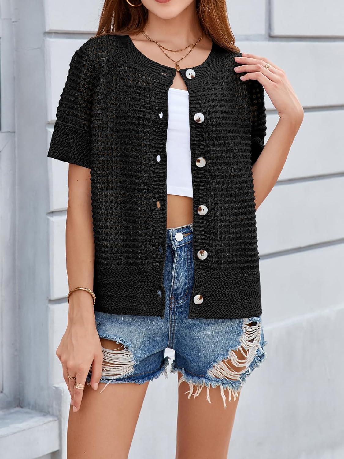 image:imageSaodimallsu Womens Crochet Short Sleeve Cardigans Button Up Crew Neck Summer Beach Knit Sweater TopsBlack