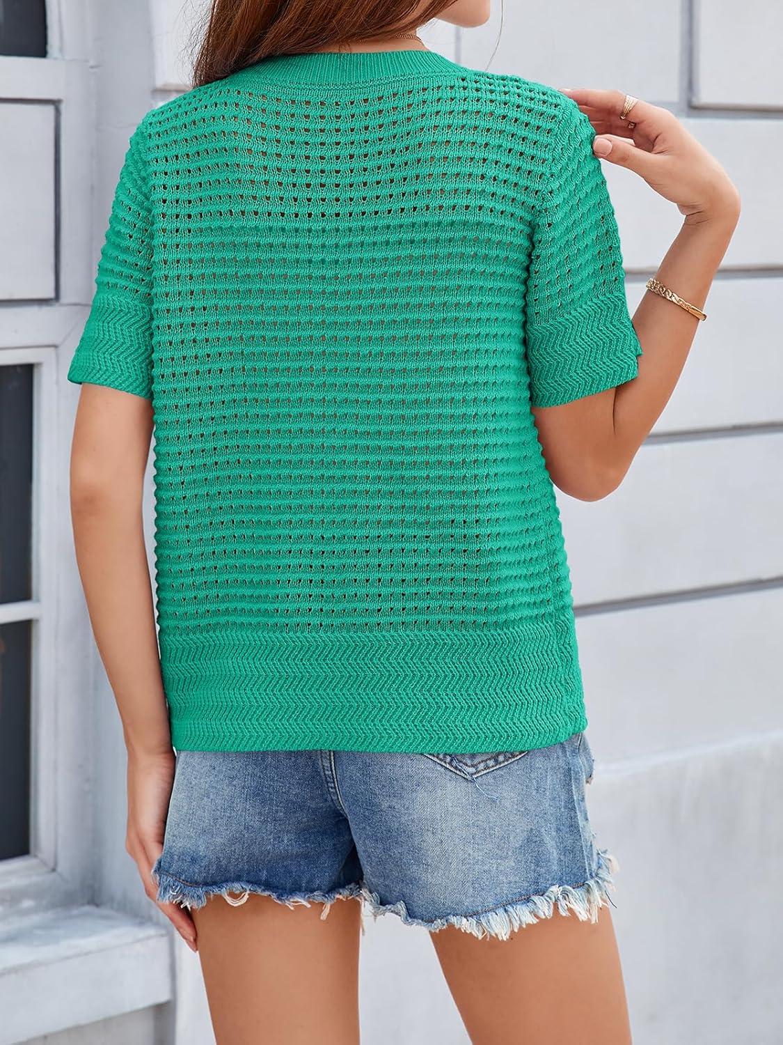image:imageSaodimallsu Womens Crochet Short Sleeve Cardigans Button Up Crew Neck Summer Beach Knit Sweater TopsGreen