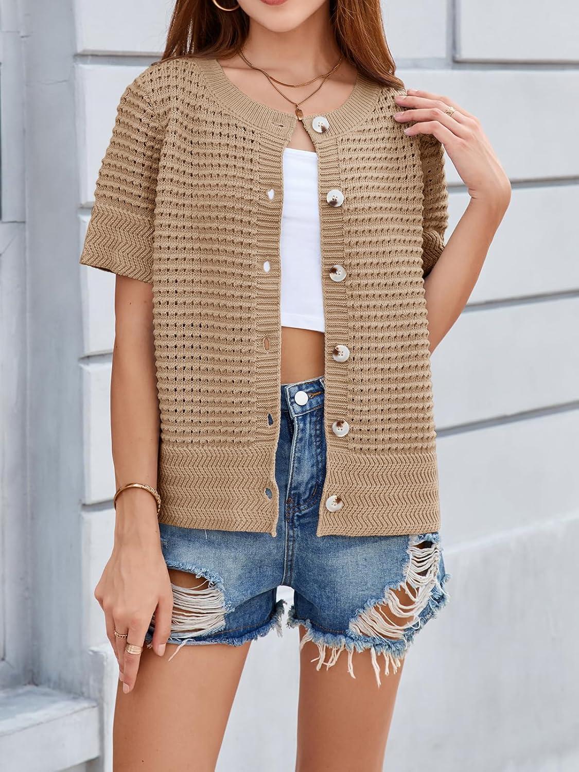 image:imageSaodimallsu Womens Crochet Short Sleeve Cardigans Button Up Crew Neck Summer Beach Knit Sweater TopsKhaki