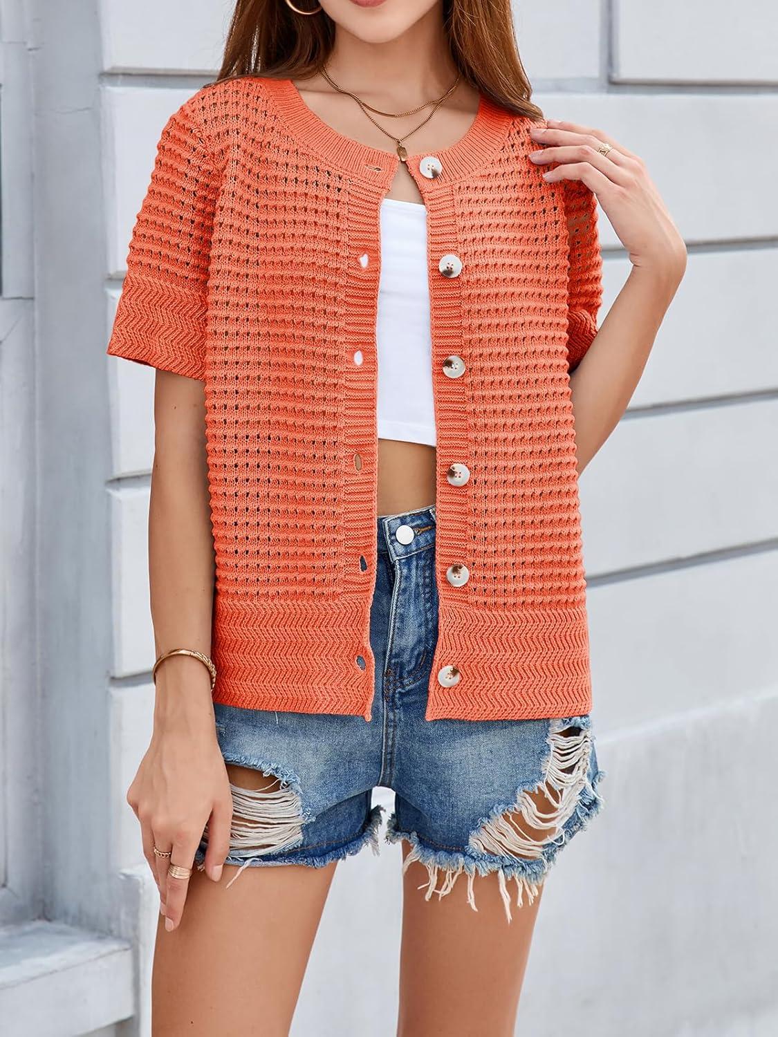 image:imageSaodimallsu Womens Crochet Short Sleeve Cardigans Button Up Crew Neck Summer Beach Knit Sweater TopsOrange