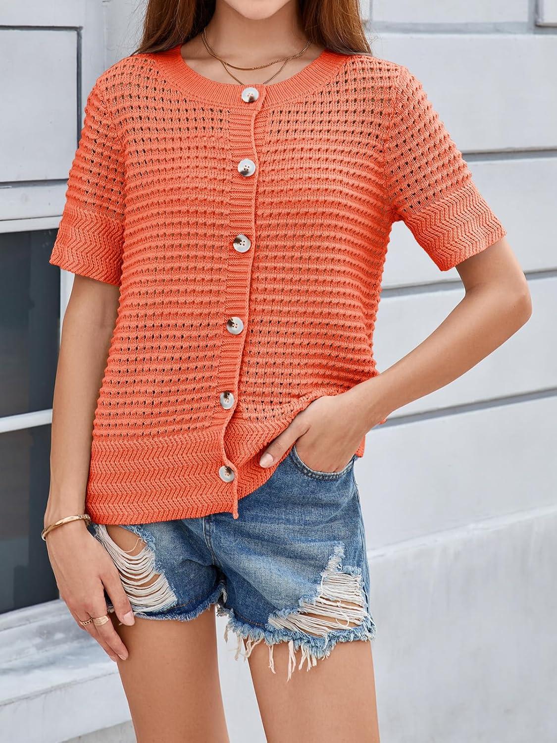 image:imageSaodimallsu Womens Crochet Short Sleeve Cardigans Button Up Crew Neck Summer Beach Knit Sweater TopsOrange