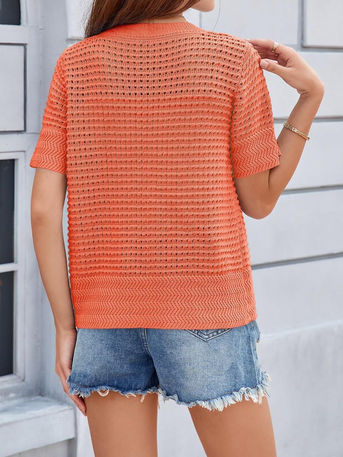 image:imageSaodimallsu Womens Crochet Short Sleeve Cardigans Button Up Crew Neck Summer Beach Knit Sweater TopsOrange