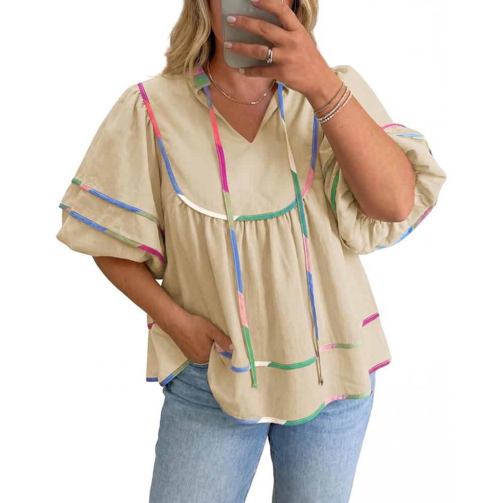 image:imageBeautife Womens Plus Size Summer Babydoll Tops Peplum V Neck Lantern Short Sleeve Shirts Cute Flowy Loose Fit BlousesBeige
