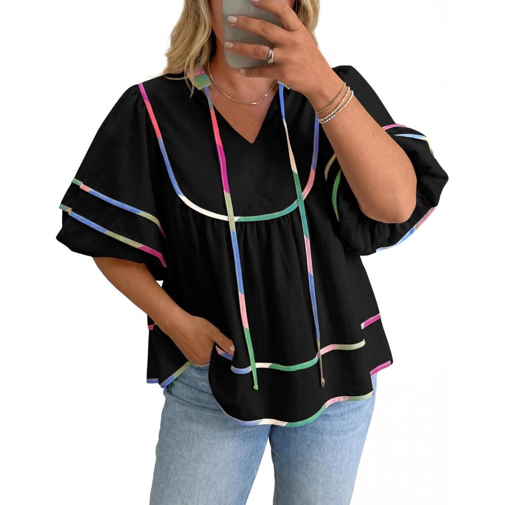 image:imageBeautife Womens Plus Size Summer Babydoll Tops Peplum V Neck Lantern Short Sleeve Shirts Cute Flowy Loose Fit BlousesBlack