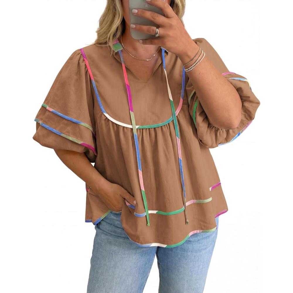 image:imageBeautife Womens Plus Size Summer Babydoll Tops Peplum V Neck Lantern Short Sleeve Shirts Cute Flowy Loose Fit BlousesBrown