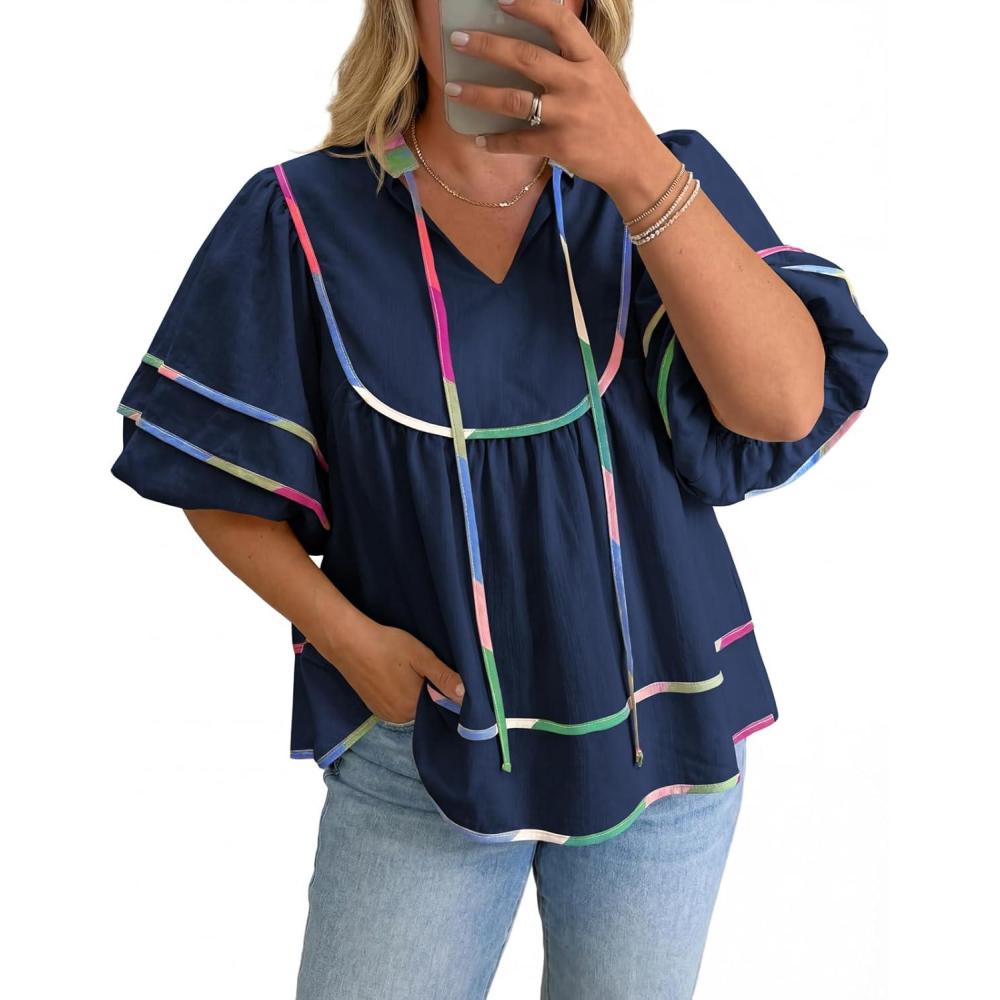 image:imageBeautife Womens Plus Size Summer Babydoll Tops Peplum V Neck Lantern Short Sleeve Shirts Cute Flowy Loose Fit BlousesDark Blue