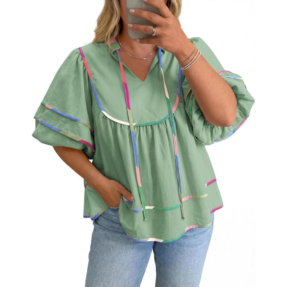 image:imageBeautife Womens Plus Size Summer Babydoll Tops Peplum V Neck Lantern Short Sleeve Shirts Cute Flowy Loose Fit BlousesPea Green