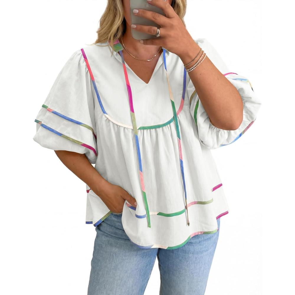 image:imageBeautife Womens Plus Size Summer Babydoll Tops Peplum V Neck Lantern Short Sleeve Shirts Cute Flowy Loose Fit BlousesWhite