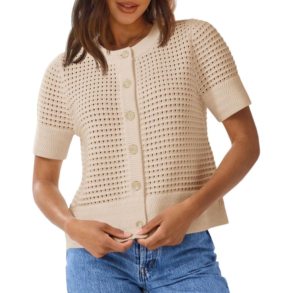 image:imageSaodimallsu Womens Crochet Short Sleeve Cardigans Button Up Crew Neck Summer Beach Knit Sweater TopsApricot