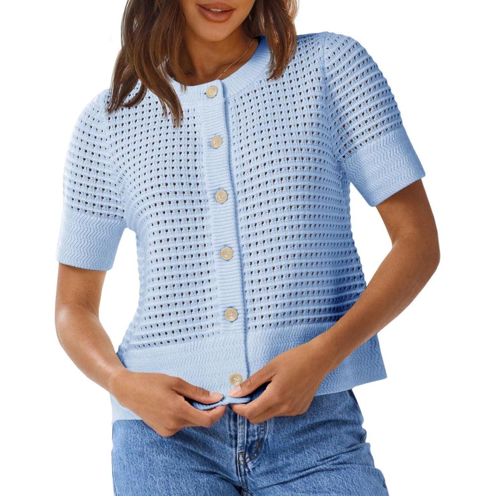 image:imageSaodimallsu Womens Crochet Short Sleeve Cardigans Button Up Crew Neck Summer Beach Knit Sweater TopsAzure