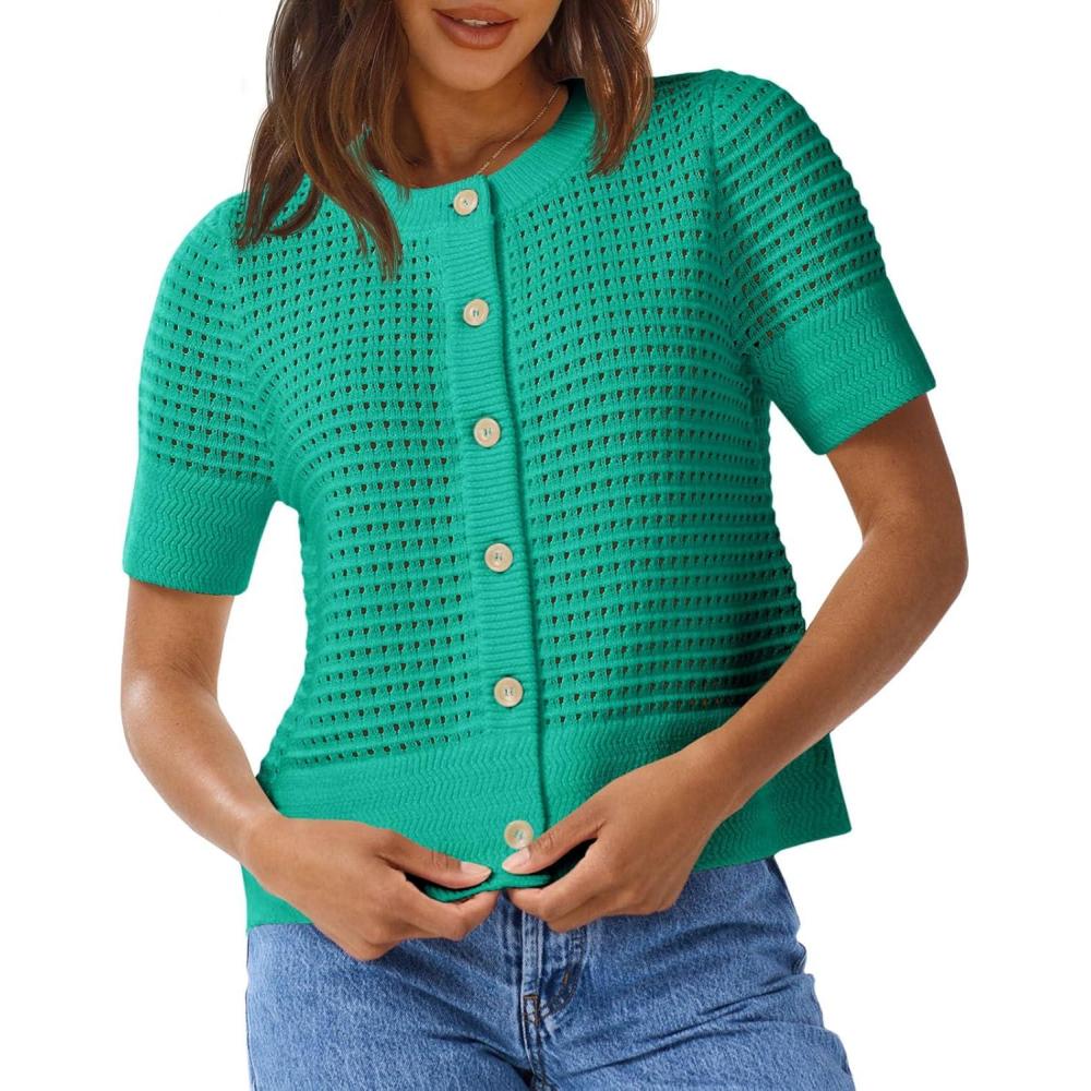 image:imageSaodimallsu Womens Crochet Short Sleeve Cardigans Button Up Crew Neck Summer Beach Knit Sweater TopsGreen