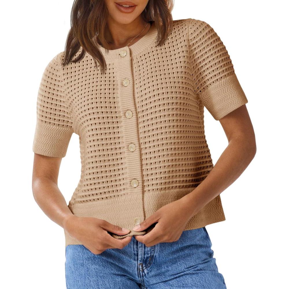 image:imageSaodimallsu Womens Crochet Short Sleeve Cardigans Button Up Crew Neck Summer Beach Knit Sweater TopsKhaki